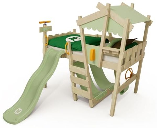 Wickey Kinderbett CrAzY Snuggy Massivholz-Hochbett mit Leiter, Lenker & Rutsche (opt) (Spielbett mit optionaler 175 cm Rutsche für maximalen Spielspaß, Abenteuer-Etagenbett mit Zubehör – auf Wunsch mit Rutsche), Massivholz-Konstruktion für Sicherheit u...