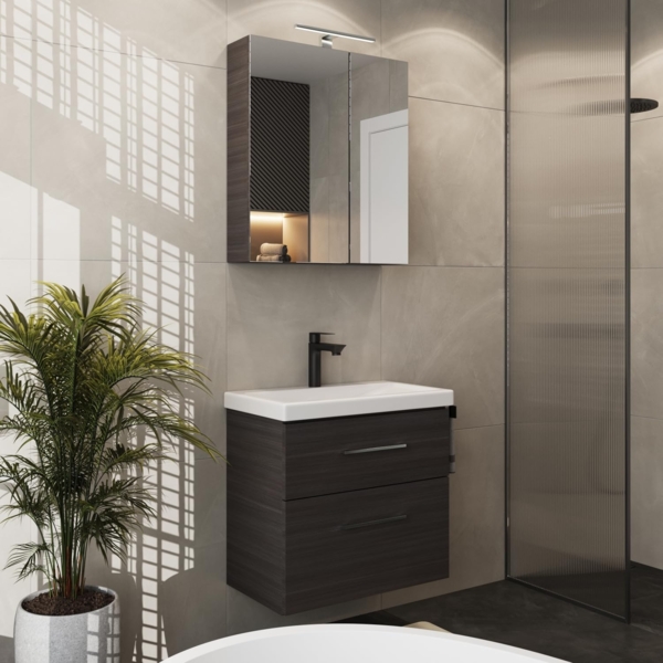 Planetmöbel Waschtischunterschrank 64cm mit Spiegelschrank Badmöbel Set für Badezimmer Gäste WC Anthrazit