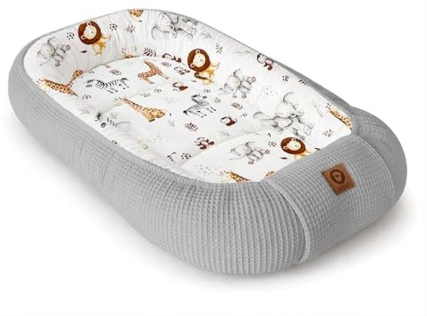 Babynestchen Neugeborene – Nestchen Baby aus Waffel Baumwolle & Baumwollstoff – Babynest für Babybett & Kinderbett – Baby Kokon Tragbar – OEKO-TEX zertifiziert – Zubehör für Babybett - ZOO und Grau