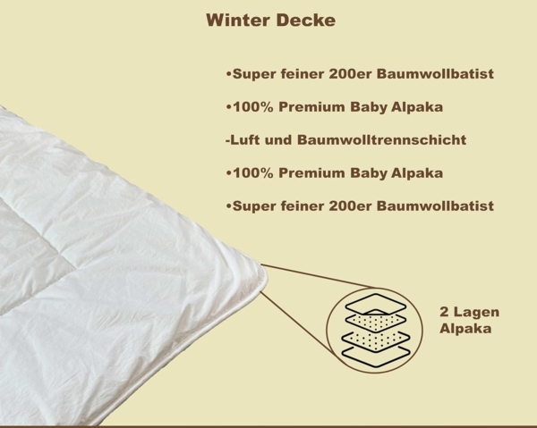 Alpaka Winter Bettdecke, Premium Line, 100% Baby Alpaka Füllung (1615g), Bezugsstoff: 200er Baumwollbatist, Extra warm und kuschelig, 155x200cm, Ideal für Wärmebedürftige von Abolengo de Alpaca Bild 3