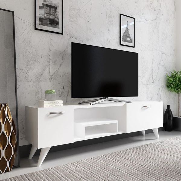 Stylish White TV Stand, 150 cm Wide, 41.6 cm High, 29.6 cm Deep | 100% Melamine Coated Particle Board | Ample Storage & Shelves for Modern Living Rooms