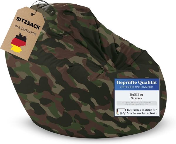 BubiBag Sitzsack für Kinder und Jugendliche - Indoor Outdoor Bodenkissen, Sitzkissen oder als Gaming Sitzsack, geliefert mit Füllung (70 cm Durchmesser, Camouflage)