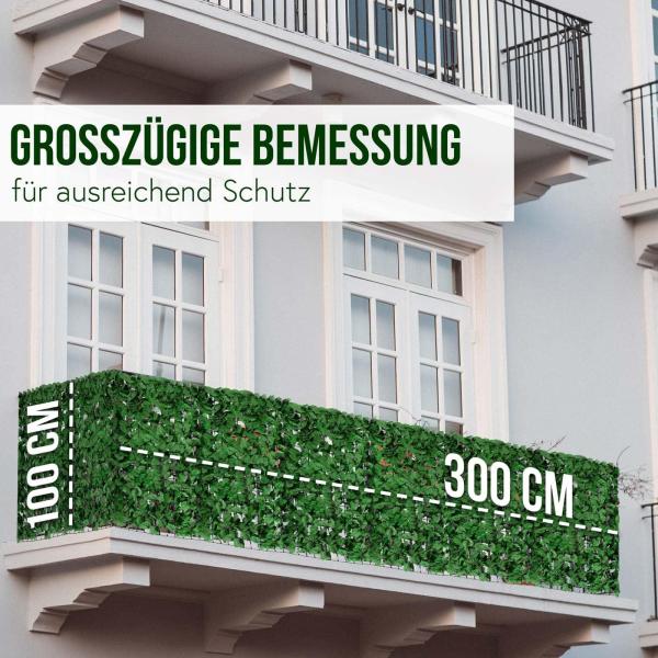 Balkonsichtschutz N77, Sichtschutz Windschutz Verkleidung für Balkon Terrasse Zaun ~ 300x100cm Blatt dunkel Bild 3