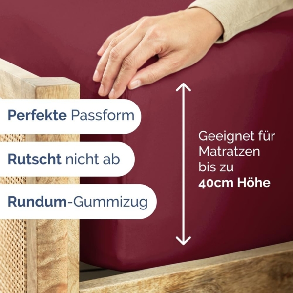 Spannbettlaken 140x200 cm - Extra Tiefes Spannbetttuch für Matratzen bis 40 cm (16") Höhe - Weiche Gebürstete Mikrofaser - Knitterfrei, Schrumpf- & Farbbeständig - Oeko-TEX - Weinrot Bettlaken Bild 3