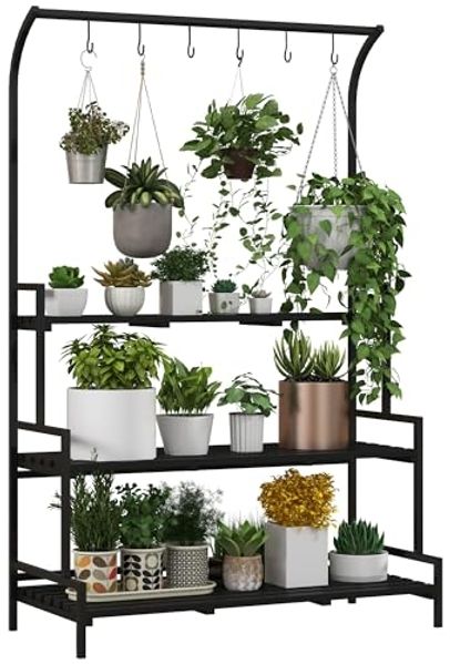 Outsunny Pflanzentreppe Pflanzenständer Blumenständer mit 3 Ebenen, 6 Haken (Blumentreppe, 1 St, Blumenregel), für Garten, Balkon, Schwarz