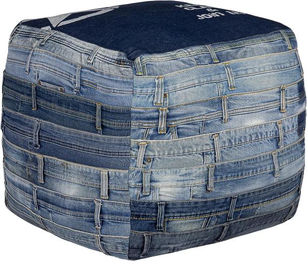 Quadratischer Sitzhocker Blau 45x45x45 cm aus Jeans mit Baumwolle Füllung WOMO-Design