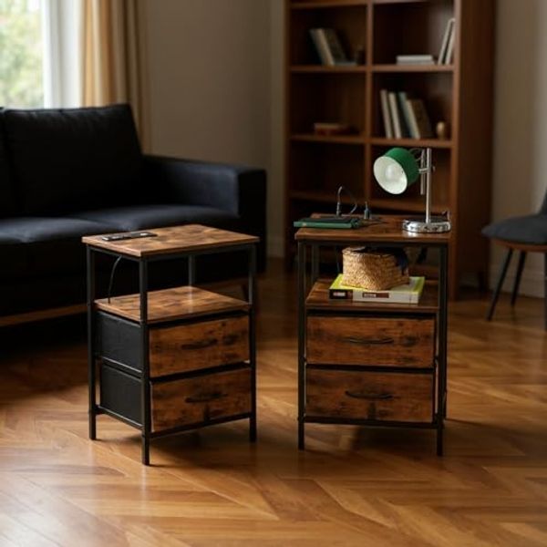 FurnitureR 2 Stück Sofatische, Aufbewahrungsschrank mit Mehreren Farben, 2 AC-Sockel, 2 USB-Anschlüsse für Drawers, 2 Schubladen aus Stoff, industrieller Retro-Stil, Braun, 40 x 30 x 60 cm