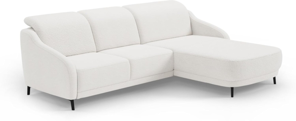 CAVADORE Ecksofa Blue/Moderne Eckcouch mit Longchair, inklusiv Kopfteilverstellung, Vorziehsitz motorisch, Klapptisch und mattschwarzen Metallfüßen / 271 x 93 x 191 / Flachgewebe, Weiß