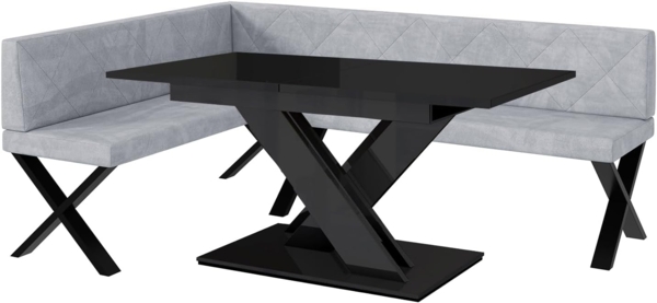 MEBLINI Eckbank für Esszimmer mit ausziehbarem Tisch - Küchenbank - Essecke - Sitzecke Küche - ERIC - X-Beine 142x196x87cm Links - Hellgrau Samt/B Schwarz Hochgl.