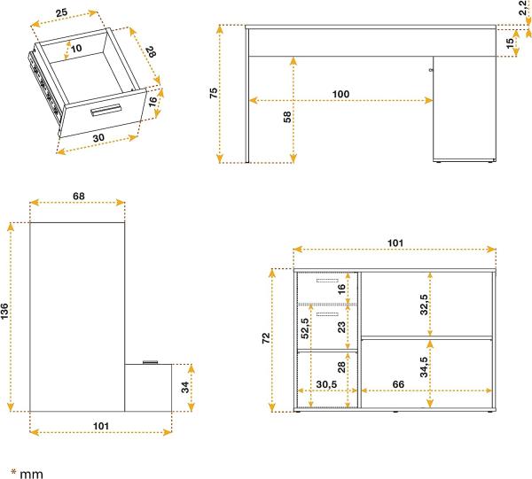 Schreibtisch klein 136 x 101 x 75 cm Eiche Vintage Wenge – Bürotisch Eckschreibtisch RICOO WM083-VW Bild 7