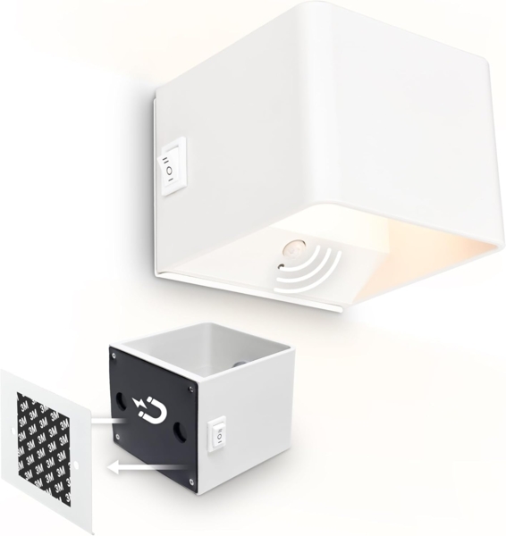 BRILONER Sticklights - LED Wandleuchte ohne Stromanschluss und ohne Bohren mit Bewegungsmelder, Akku, magnetisch abnehmbar, Wandlampe zum Kleben, Leselampe, Wohnzimmerlampe, Flur, 10 x 8 x 10 cm, Weiß