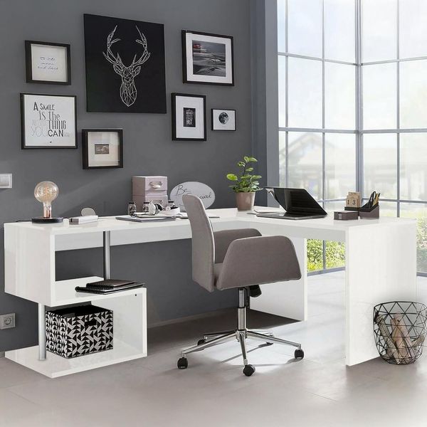 Dmora Eckschreibtisch für Büro und Arbeitszimmer mit Regal, Made in Italy, Computertisch, Schreibtisch für PC, 160x60h78 cm, glänzend weiße Farbe
