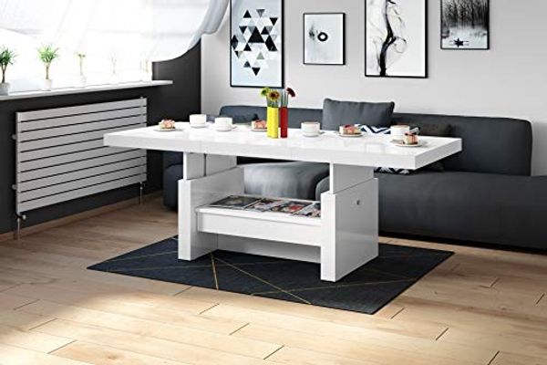 designimpex Couchtisch Aversa H-111 Weiß Hochglanz Schublade höhenverstellbar ausziehbar, Funktionstisch, Wohnzimmertisch, Tisch, Esstisch, Sofatisch, Schublade