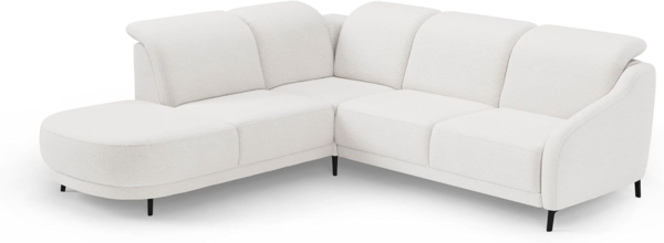 CAVADORE Ecksofa Blue/Eckcouch im modernen Design, inklusiv Kopfteilverstellung, Vorziehsitz motorisch, Klapptisch, USB-Anschluss und mattschwarzen Metallfüßen / 258 x 93 x 249 / Flachgewebe, Weiß