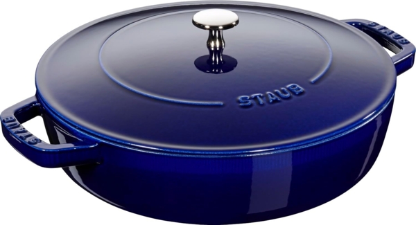 STAUB Gusseisen Bräter, Chistera Tropfenstruktur im Deckel für optimale Befeuchtung/Aromaregen, Rund 28 cm, 3,7 L, Für alle Herdarten geeignet inkl. Induktion & Backofen, Dunkelblau