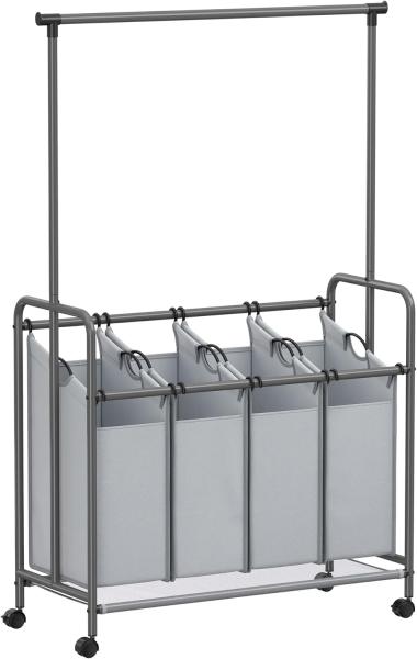 Songmics Wäschekorb 4 Fächer, Wäschesammler mit Rollen und Kleiderstange, Wäschesortierer, Wäschewagen, Wäschesack abnehmbar, belastbar, Räder mit Bremse, 4 x 50 Liter, grau