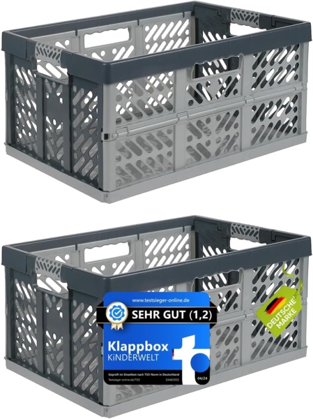 KiNDERWELT Klappbox 2er Set : Klappbox silber/ grau 45 L Faltbox bis 50 kg, aus hochwertigem Kunststoff