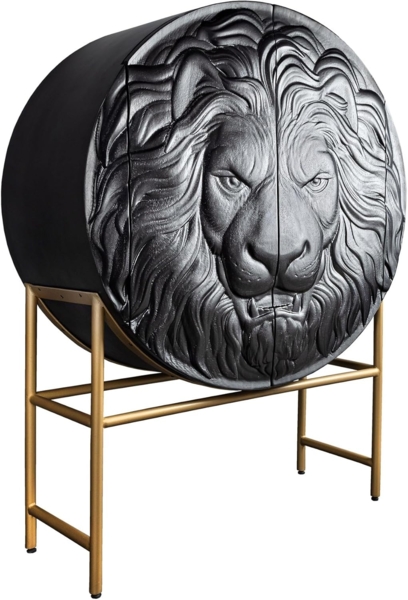 riess-ambiente Highboard LION 140cm schwarz /gold · runder Wohnzimmer-Schrank aus Massivholz (Einzelartikel, 1 St), 3D Schnitzerei · Löwenkopf-Design · handmade · 2 Türen & 6 Fächer
