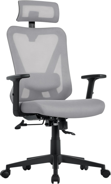 Yaheetech Bürostuhl Ergonomisch, Schreibtischstuhl mit Verstellbarer Kopfstütze, Armlehnen, Lendenwirbelstütze, Verschließbar höhenversteller Drehstuhl mit 90°-130° Liegefunktion Hellgrau