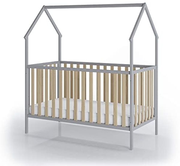 FabiMax Kinderbett Hausbett Schlafmütze 140 x 70 cm Liegefläche, grau / natur lackiert, Kiefernholz massiv, Gitterbett, Umbaubar zum Juniorbett Bild 3