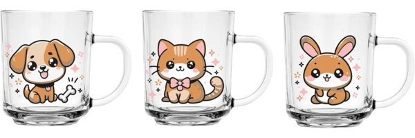 6er Set Trinkgläser mit Tiermotiv – Hund, Katze, Kaninchen – 230ml Gläser mit Henkel – Buntes Pressglas – Spülmaschinengeeignet – Kindergläser für Kinder & Erwachsene