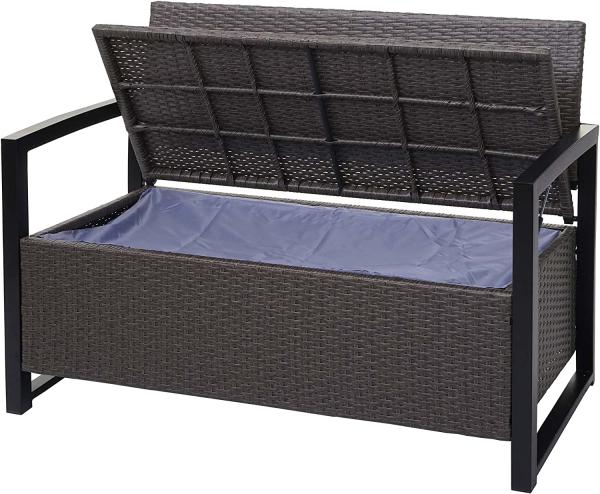 Poly-Rattan 2er Sitzbank HWC-F39, Gartenbank Truhenbank, Staufach Aufbewahrung Sitzkissen ~ grau-meliert, Kissen grau