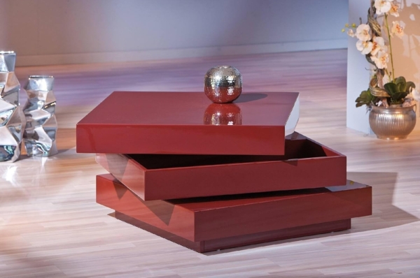 Dmora Beistelltisch mit drehbarer Doppeltischplatte aus MDF, glänzend rot lackiert Bild 2