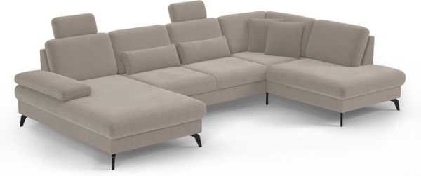 Cavadore Wohnlandschaft Moritz / Sofalandschaft mit Longchair, Bett, Bettkasten, Sitztiefenverstellung, Kopfstützen und mattschwarzen Metallfüßen / 335x82-107x212 / Flachgewebe, Beige