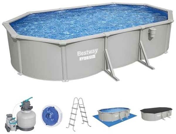 Bestway 56369 Hydrium Stahlwandpool Komplett Set mit Sandfilteranlage 610 x 366 x 122 cm, granitgrau, oval