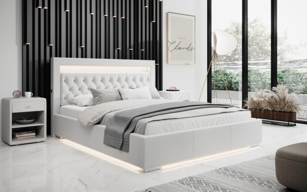 Designer Polsterbett Infinity inkl. RGB, USB und Stauraum 200x200 Weiß H4 (100kg+) Bild 2