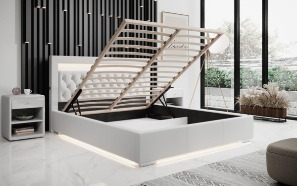 Designer Polsterbett Infinity inkl. RGB, USB und Stauraum 200x200 Weiß H4 (100kg+) Bild 4