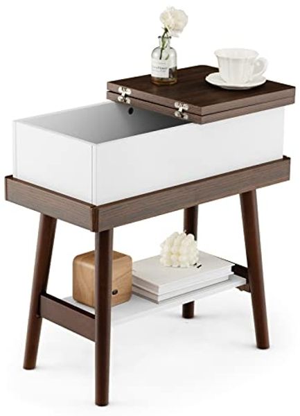 COSTWAY Beistelltisch mit klappbarer Tischplatte, schmaler Sofatisch aus Gummiholz, Nachttisch Klapptisch für Wohnzimmer, Schlafzimmer, 60 x 30 x 60 cm, Dunkelbraun