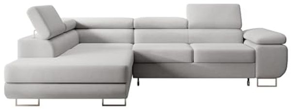 Selsey STEVIL - Ecksofa L-Sofa mit Schlaffunktion, Bettkasten, Ottomane links, Veloursbezug Grau