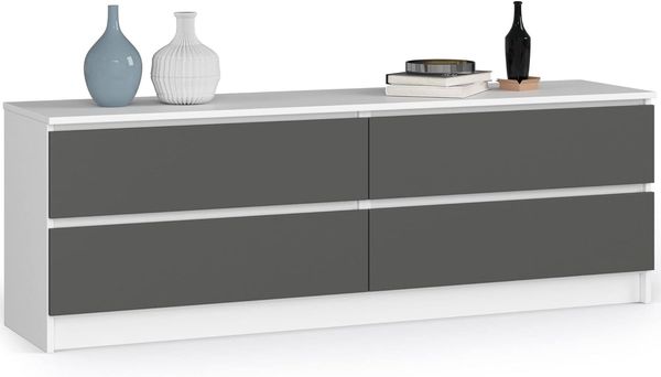 AKORD Kommode K 160 cm | 4 Schubladen | Stehmöbel für Wohnzimmer Schlafzimmer Büro Arbeitszimmer | Edles Design | 16mm Schichtstoffplatte | Farbe Weiß/Graphitgrau