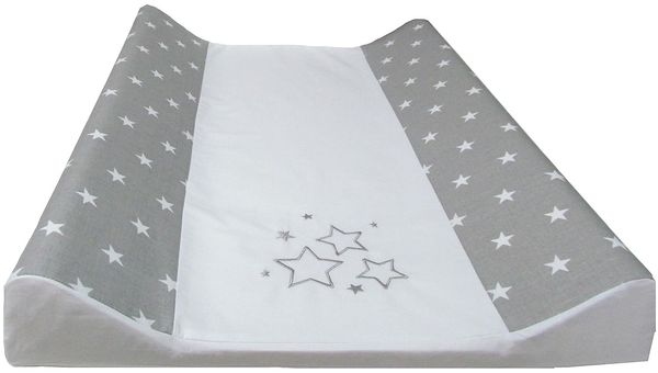 Babymajawelt® Wickeltischauflage Wickelauflage 50x70 cm - 2 Keil Mulde inkl. Baumwollbezug ver. Designs, Folienwickelauflage Phthalatfrei, inkl. abnehmbaren Baumwollbezug, Maschinenwaschbar (Stars grau)