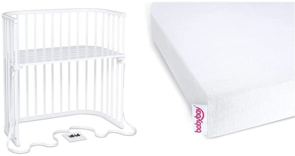 babybay Boxspring Beistellbett aus massivem Buchenholz/Kinderbett Höhe stufenlos verstellbar & umweltfreundlich/mitwachsendes Babybett & Jersey Spannbetttuch Deluxe Doppelpack