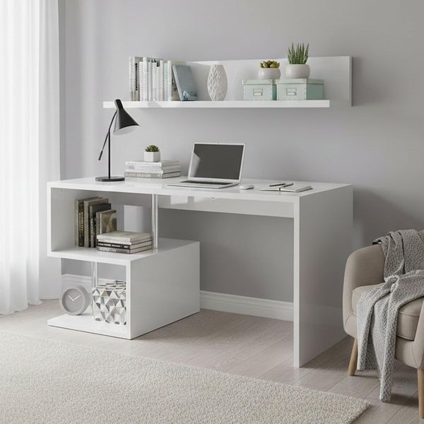 Dmora Esse moderner Schreibtisch für Büro und Arbeitszimmer mit Regal, Made in Italy, Computertisch, PC-Schreibtisch, 140x60h78 cm, glänzend weiße Farbe