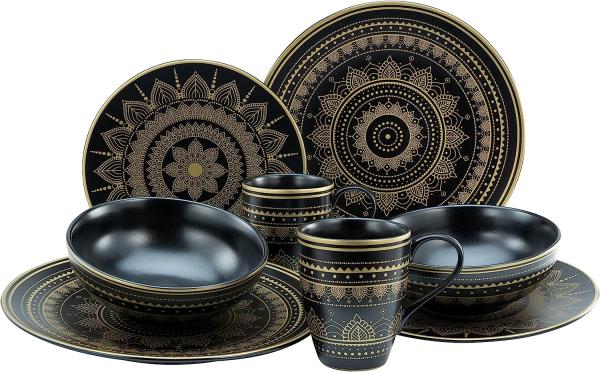 CreaTable 23587 Kombiservice Mandala für 2 Personen, Steinzeug, schwarz/gold (1 Set, 8-teilig)