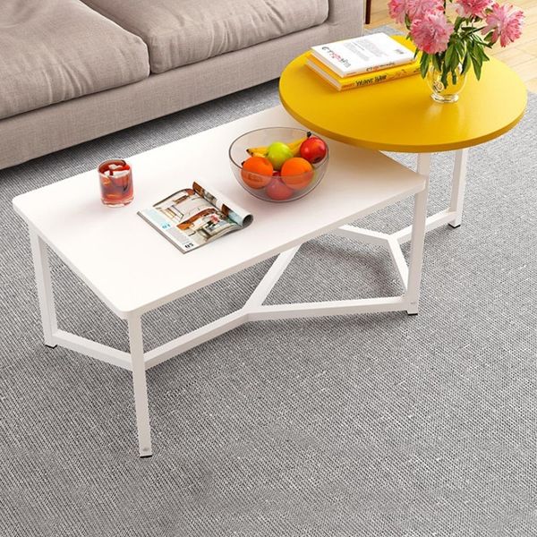 Shally Dogan Couchtisch für Esszimmer mit 2 Regalen, luxuriöses Design, elegant, runde und rechteckige Tischplatte, ideal für Wohnzimmer, Büro (Gelb)