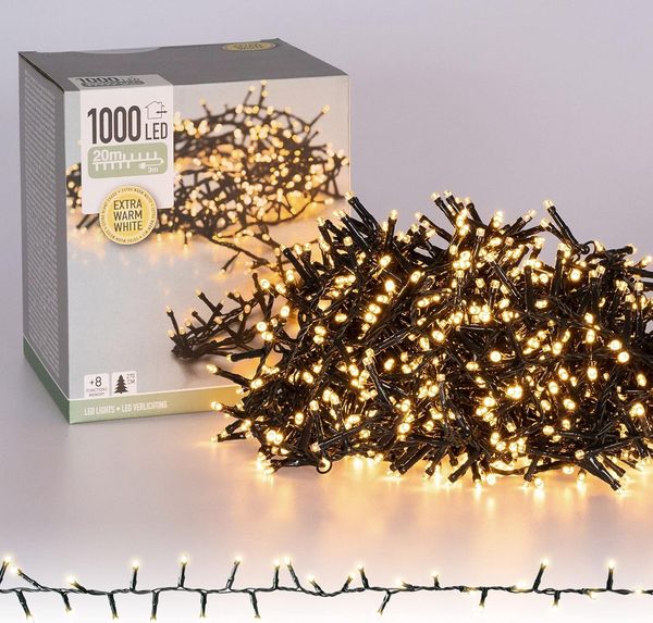 ECD Germany LED Cluster Lichterkette 20m Länge, 1000 LEDs Extra Warmweiß, 3m Stromkabel, IP44, Clusterlichterkette Büschellichterkette für Weihnachten Weihnachtsbaum Weihnachtsbeleuchtung, Innen/Außen