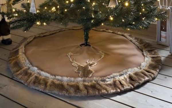 Dekoleidenschaft Weihnachtsbaumdecke "Hirsch" in braun, Ø 120 cm, Weihnachtsbaumrock in braun mit Kunstfell, Christbaumdecke, Weihnachtsbaum Decke Rock Teppich Umrandung Kragen