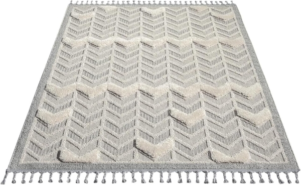 Teppich Boho Wohnzimmer - Creme, Graublau - 160x230 cm - Geometrisches Muster - Relief-Optik, 3D-Effekt - Cut-&Loop, Sisal - Moderne Fransen-Teppiche Schlafzimmer Bild 6