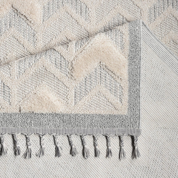 Teppich Boho Wohnzimmer - Creme, Graublau - 160x230 cm - Geometrisches Muster - Relief-Optik, 3D-Effekt - Cut-&Loop, Sisal - Moderne Fransen-Teppiche Schlafzimmer Bild 5