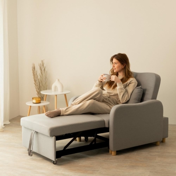Nalui Buddy 1-Sitzer-Sofa, 3-in-1, 92 x 97 x 90 cm, mit Verstellbarer Rückenlehne, 2 Positionen und Kissen, Einzelschlafsofa aus Leinen, belastbar bis 200 kg, Liegesessel mit Armlehnen, Hellgrau Bild 5