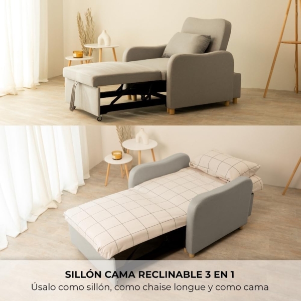 Nalui Buddy 1-Sitzer-Sofa, 3-in-1, 92 x 97 x 90 cm, mit Verstellbarer Rückenlehne, 2 Positionen und Kissen, Einzelschlafsofa aus Leinen, belastbar bis 200 kg, Liegesessel mit Armlehnen, Hellgrau Bild 4