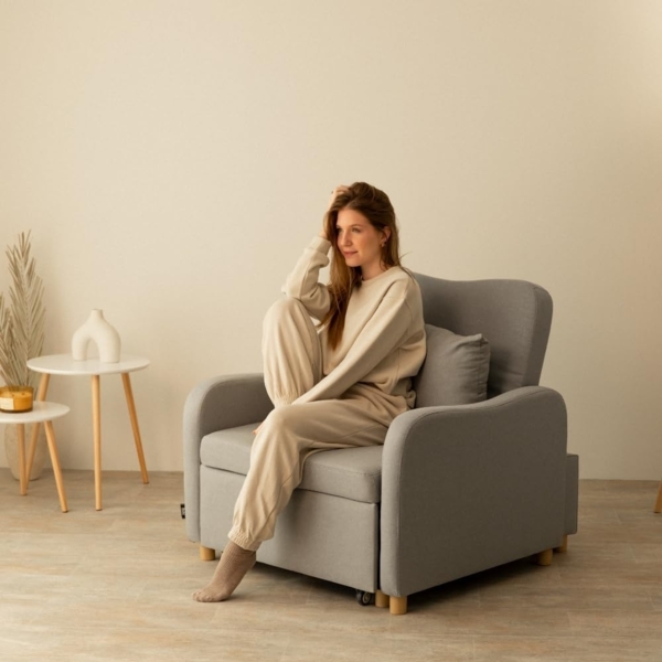 Nalui Buddy 1-Sitzer-Sofa, 3-in-1, 92 x 97 x 90 cm, mit Verstellbarer Rückenlehne, 2 Positionen und Kissen, Einzelschlafsofa aus Leinen, belastbar bis 200 kg, Liegesessel mit Armlehnen, Hellgrau Bild 2