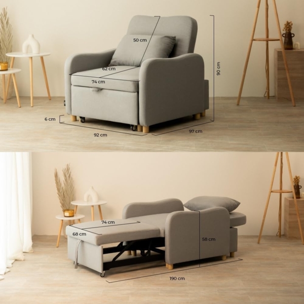 Nalui Buddy 1-Sitzer-Sofa, 3-in-1, 92 x 97 x 90 cm, mit Verstellbarer Rückenlehne, 2 Positionen und Kissen, Einzelschlafsofa aus Leinen, belastbar bis 200 kg, Liegesessel mit Armlehnen, Hellgrau Bild 3