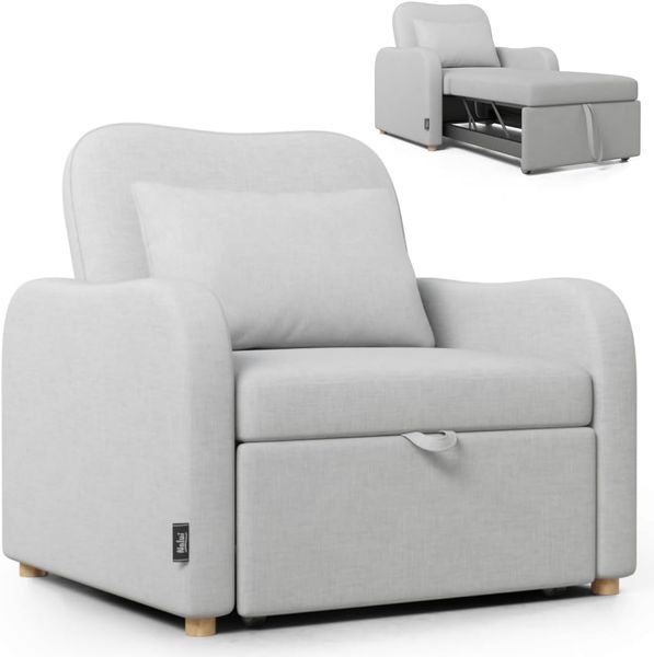 Nalui Buddy 1-Sitzer-Sofa, 3-in-1, 92 x 97 x 90 cm, mit Verstellbarer Rückenlehne, 2 Positionen und Kissen, Einzelschlafsofa aus Leinen, belastbar bis 200 kg, Liegesessel mit Armlehnen, Hellgrau