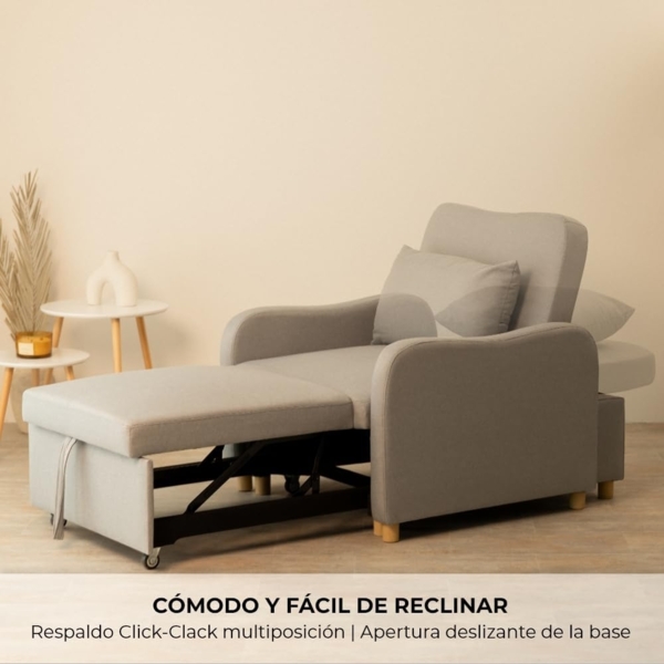 Nalui Buddy 1-Sitzer-Sofa, 3-in-1, 92 x 97 x 90 cm, mit Verstellbarer Rückenlehne, 2 Positionen und Kissen, Einzelschlafsofa aus Leinen, belastbar bis 200 kg, Liegesessel mit Armlehnen, Hellgrau Bild 6