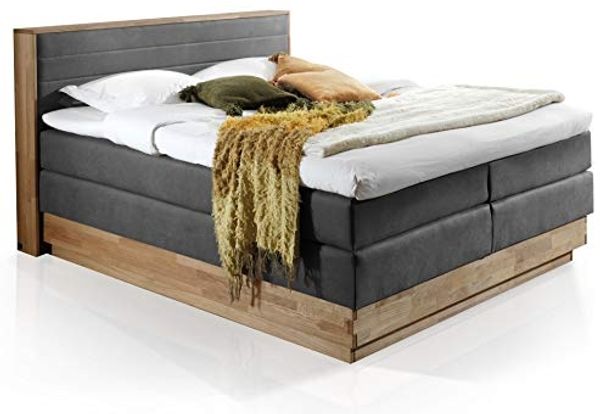 Möbel-Eins MENOTA Boxspringbett mit Bettkasten, massivem Holzrahmen und Bezug im Vintage Look grau 180x200 cm Härtegrad 4